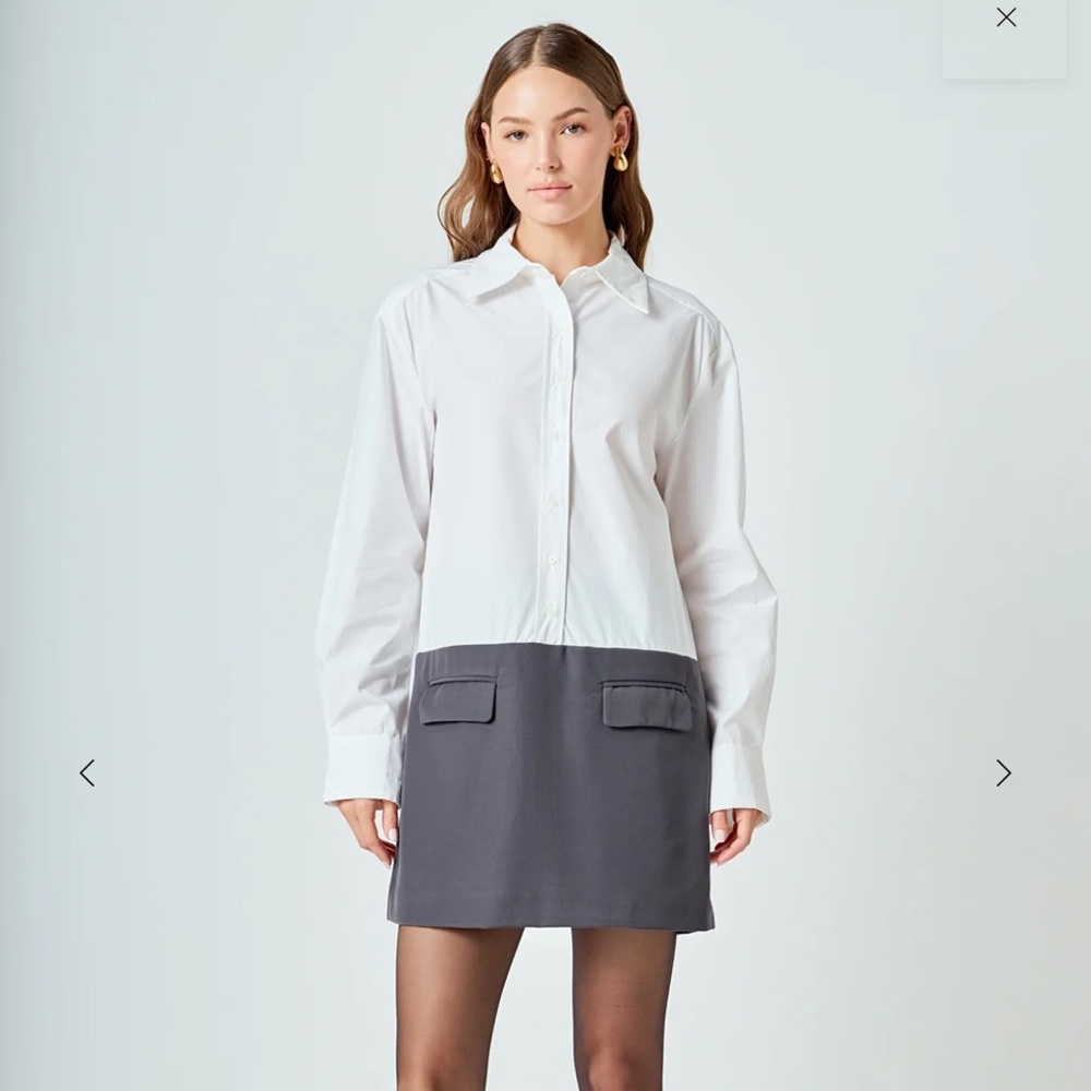 Endless Rose White and Charcoal “Shirt Mini Dress” Cotton Colorblock XS